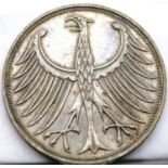 1951 - German Silver 5 Marks ; F Stuttgart mint. P&P Group 1 (£14+VAT for the first lot and £1+VAT
