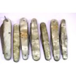 Seven dirty mother of pearl handled penknives. P&P Group 2 (£18+VAT for the first lot and £3+VAT for