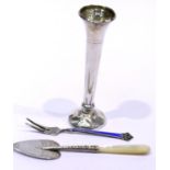 Hallmarked silver bud vase, fork and ornate spoon. P&P Group 1 (£14+VAT for the first lot and £1+VAT