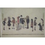 LS Lowry print, group of Children scene, signed in pencil, 19 x 18 cm. Not available for in-house