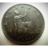 1861 Bronze Farthing of Queen Victoria. P&P Group 1 (£14+VAT for the first lot and £1+VAT for