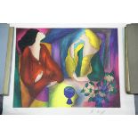 Linda Le Kinff limited edition print of two ladies with wine, 27 x 22 cm. Not available for in-house