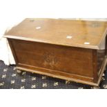 Oak blanket box with carved front panel. Not available for in-house P&P. Condition Report: W: 91 cm,