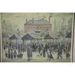 LS Lowry print of Market scene in Northern town, 60 x 46 cm, signed in pencil. This lot is not