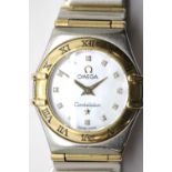 Ladies stainless steel and 18ct gold Omega Constellation with mother of pearl and diamond dial,