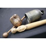 Walking stick, bell and carved trug. P&P Group 2 (£18+VAT for the first lot and £3+VAT for