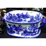 Large blue over white decorated twin handled ceramic wine cooler, 50 x 31 x 21 cm. Not available for