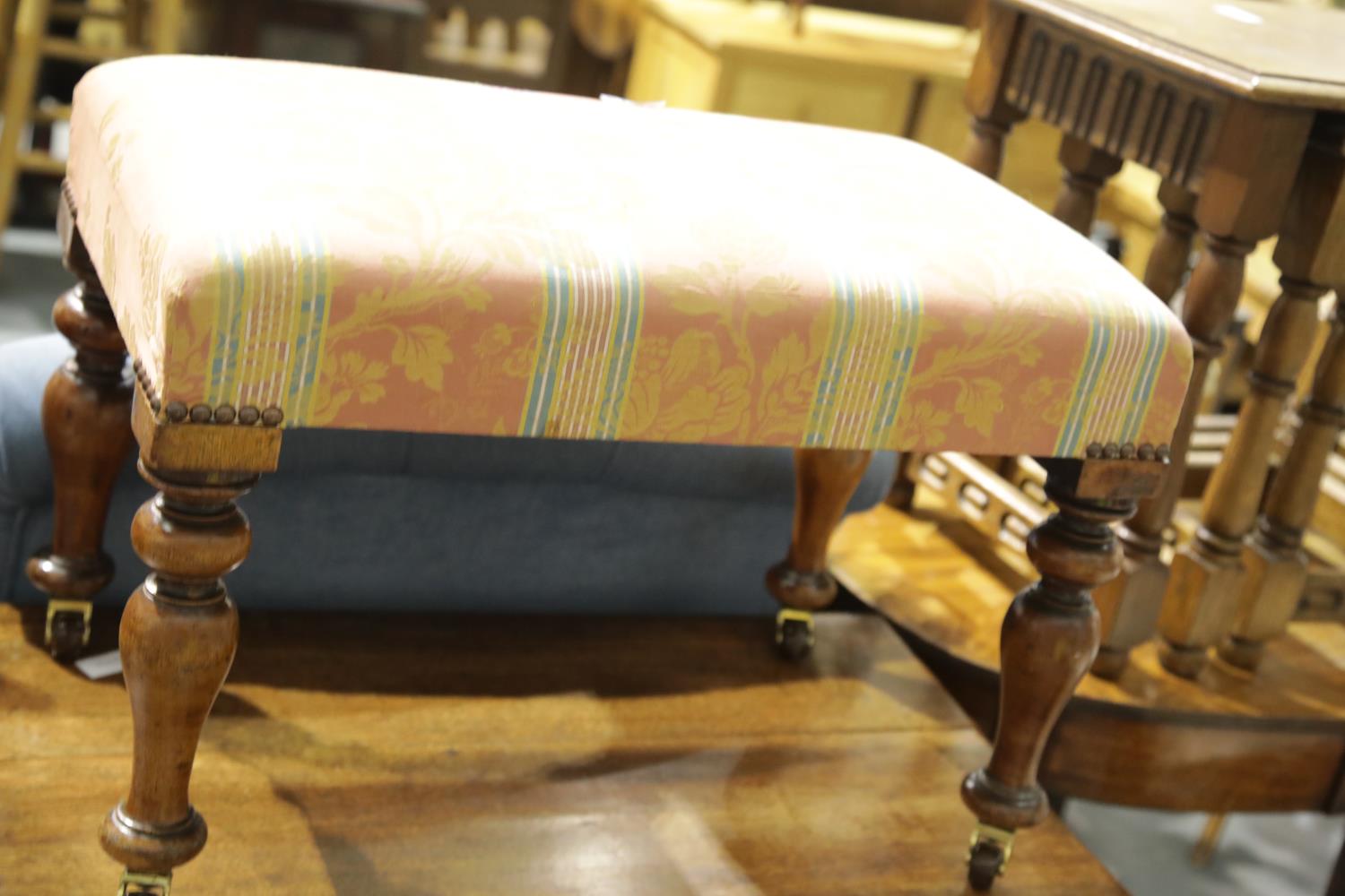 Victorian dressing stool raised on four turned legs, more recently upholstered. Not available for