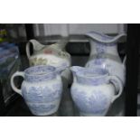 Mintons Oldham design water pitcher, H: 26 cm, together with three blue over white decorated 19th