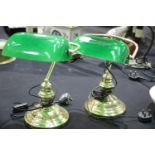 Two brass bankers style table lamps, H: 32 cm. Not available for in-house P&P.