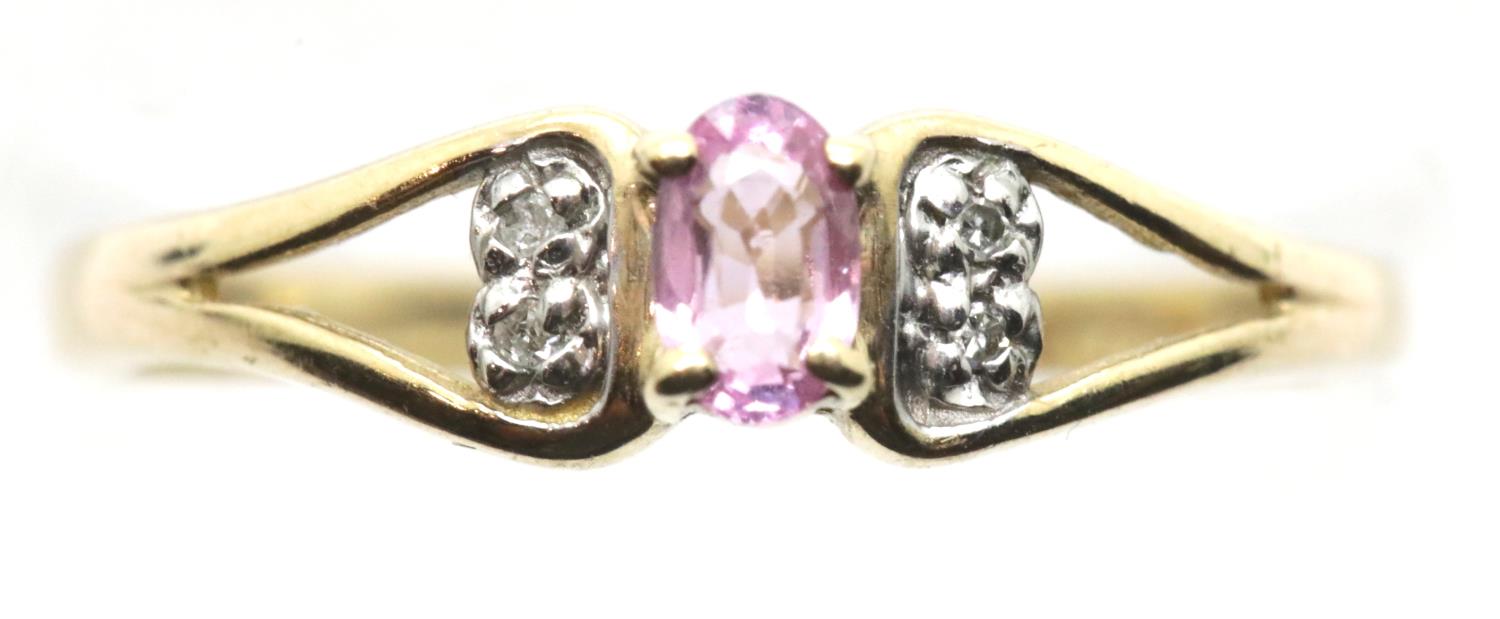 9ct gold pink sapphire and diamond ring, size P, 1.5g. P&P Group 1 (£14+VAT for the first lot and £