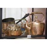 Collection of Victorian copper, to include two copper kettles, three copper pans, jelly mould etc.