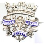 Edwardian 1909 sterling silver and enamel Young Helpers League pin badge by Alfred Horatio Darby.