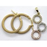 9ct three colour gold stone set pendant and a pair of 9ct gold loop earrings, 2.3g total. P&P
