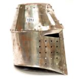 Early re-enactment Medieval knight's steel great helm. helmet Not available for in-house P&P.