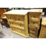 Contemporary pine chest of two short above two long drawers and a pair of bedside chests. Not