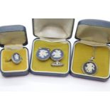 Three boxed silver Wedgwood jasperware items, ring, necklace and cufflinks. P&P Group 1 (£14+VAT for