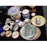 Quantity of mixed ceramics including large Masons planter and Wedgwood figurines. Not available
