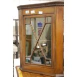 Edwardian mahogany astragal glazed wall hanging corner display cabinet, inlaid with satinwood and