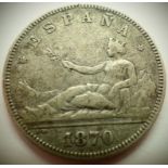 1870 - Silver Spanish 2 Pesetas "M". P&P Group 1 (£14+VAT for the first lot and £1+VAT for