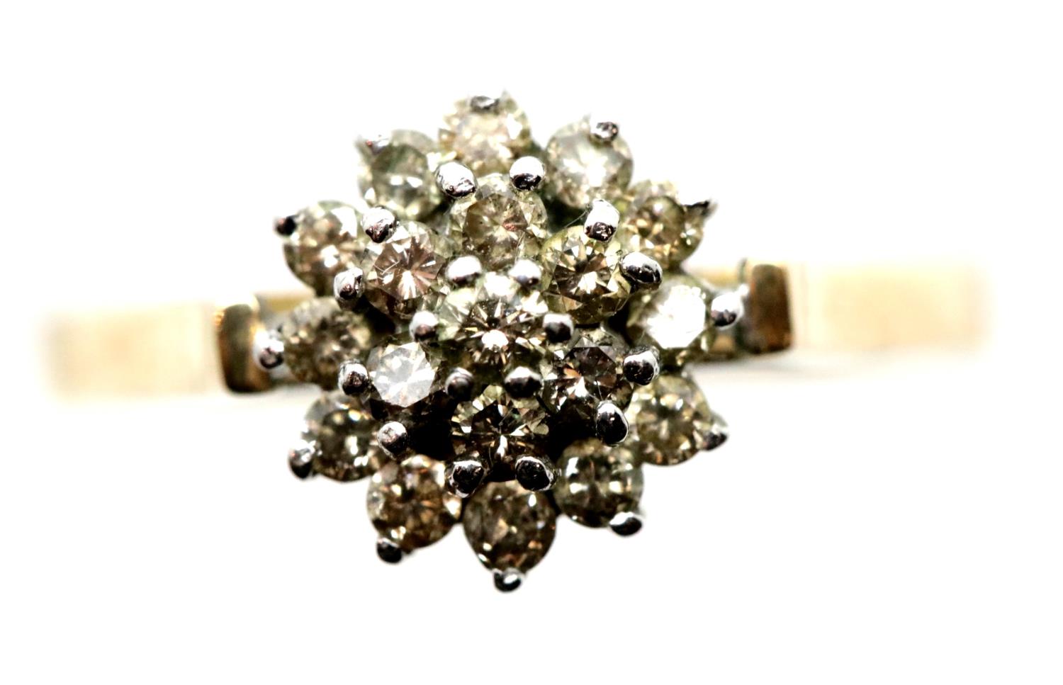 9ct gold diamond cluster ring, size O, 2.5g. P&P Group 1 (£14+VAT for the first lot and £1+VAT for