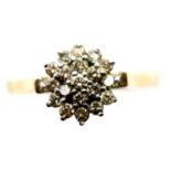 9ct gold diamond cluster ring, size O, 2.5g. P&P Group 1 (£14+VAT for the first lot and £1+VAT for