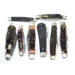 Seven antler handled multi blade penknives. P&P Group 2 (£18+VAT for the first lot and £3+VAT for