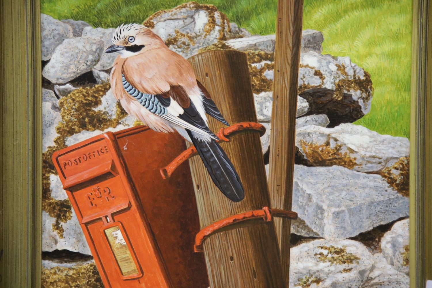 Thomas J Bereton gilt framed oil on board of a jay on a post box. P&P Group 3 (£25+VAT for the first
