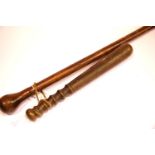 Victorian/Edwardian police weighted truncheon and a vintage walking stick. Not available for in-