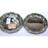 Pair of German .800 silver circular card trays with scalloped edges, D: 13 cm, combined 145g. P&P