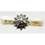 9ct gold diamond cluster ring, size P, 1.5g. P&P Group 1 (£14+VAT for the first lot and £1+VAT for