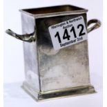 George VI hallmarked silver HP sauce bottle holder, twin handled with solid body and stepped