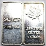 Two 5g pure silver bars. P&P Group 1 (£14+VAT for the first lot and £1+VAT for subsequent lots)