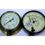 Two brass steam pressure gauges including one with secondary altitude dial. P&P Group 1 (£14+VAT for