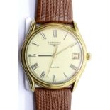 Longines gents mid-size gold plated quartz wristwatch on brown leather strap, D: 26 mm, requires