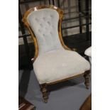 Victorian inlaid walnut framed ladies parlour chair, more recently upholstered, raised on turned