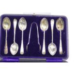 Boxed hallmarked silver set of six teaspoons and tongs. P&P Group 1 (£14+VAT for the first lot