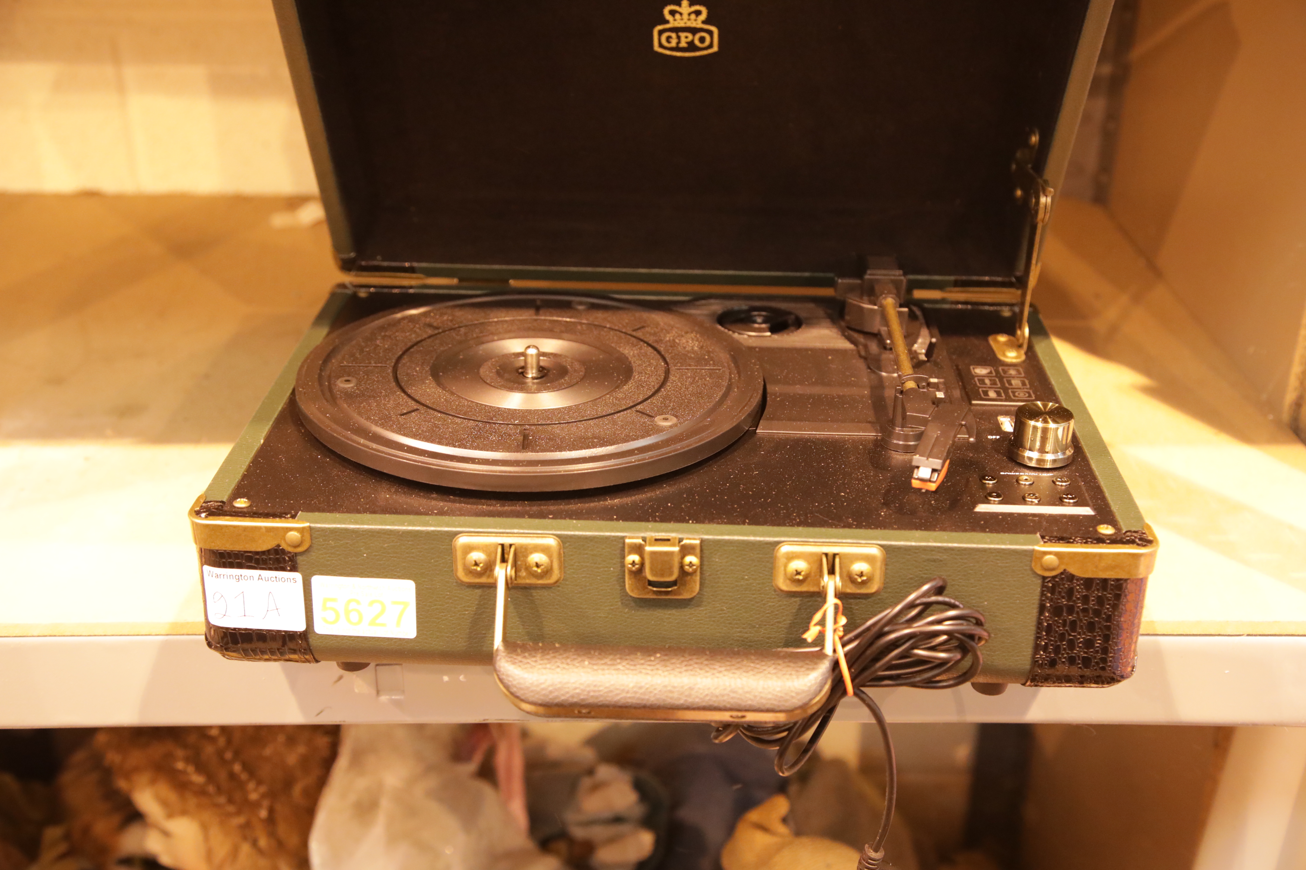 Green GPO Ambassador briefcase 3 speed record player USB recorder; built in twin stereo speakers;