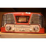 Red GPO Memphis retro music centre - 3 speed turntable: 33/45/78; MP3/USB player; FM radio with