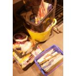 Trug of wools and four boxes of paper crafts and sewing items including large tin of buttons. Not