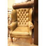 Green wing back Chesterfield chair. Not available for in-house P&P.
