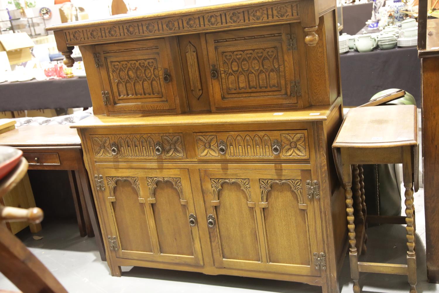 Old Charm carved oak court cupboard. Not available for in-house P&P.