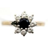 9ct gold sapphire and CZ set flower head ring, one stone missing, size N/O, 2.3g. P&P Group 1 (£14+