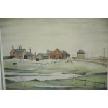 LS Lowry signed print, landscape with farm buildings, signed in pencil with gallery blind stamps, 50