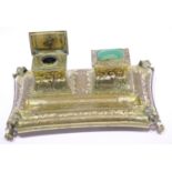 19th century Imperial Russian Empire gilt bronze desk stand, each lined inkwell hinged cover set