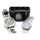 Three gents wristwatches; Swatch Irony and Festina and a Smart watch. All require batteries.P&P