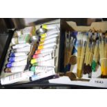 Unopened Rowney oil paints and accessories with a large collection of brushes (80+). P&P Group 2 (£