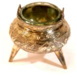 Chinese presumed silver inkwell, the body raised on three supports with clear blown glass liner,