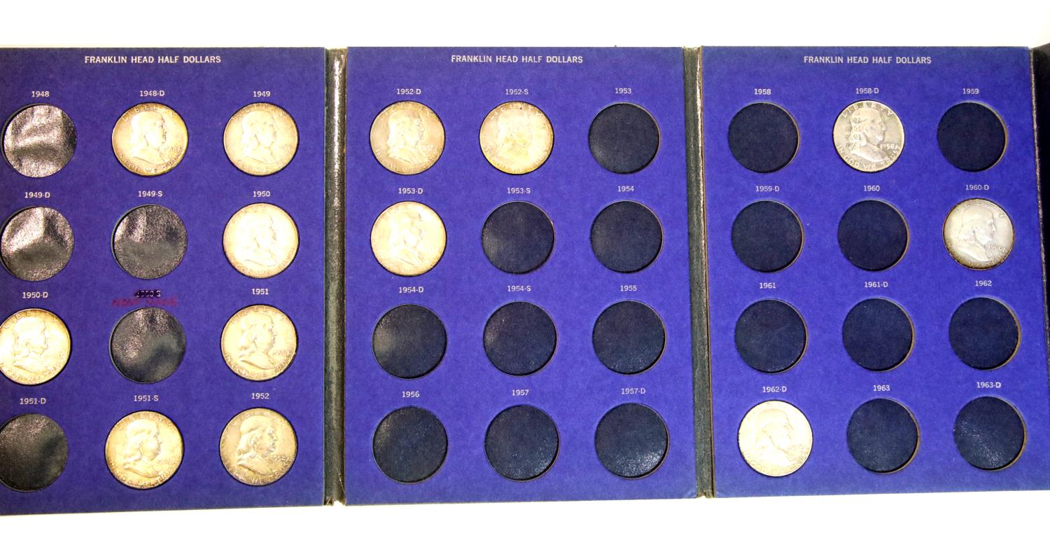 Whitman type folder of Franklin head half dollars, 13 coins. P&P Group 1 (£14+VAT for the first - Image 2 of 2