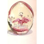 Large antique hand blown glass dump paperweight with pink internal flower and polished pontil, H: 10